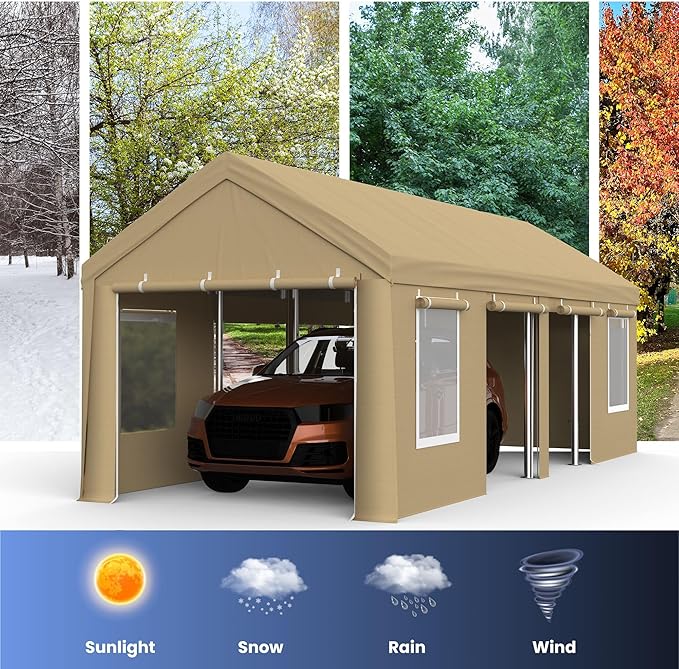 13x25ft Carport, Heavy Duty Carport with Reinforced Steel Poles, Upgraded Portable Garage with Doors & Window, UV Resistant All-Season Waterproof Tarp, for Car, Truck, Boat (Yellow)