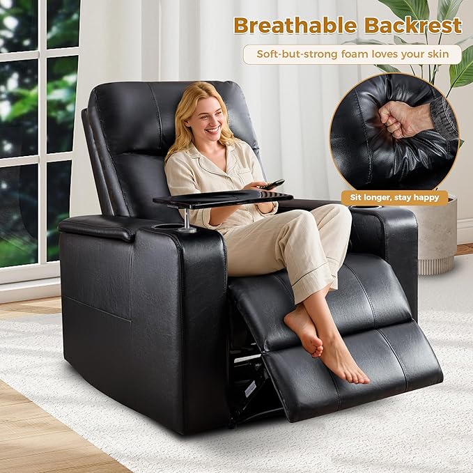 ANJ Black Power Recliner Chair Electric Home Theater Seating Soft Leather Movie Chair for Living Room Overstuffed Single Reclining Sofa with Hidden Arm Storage, Cup Holders and USB Ports (Black)