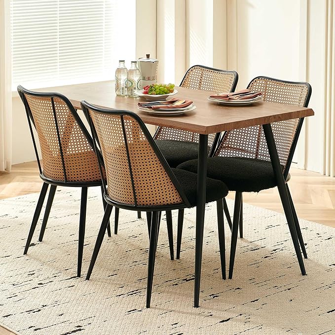 Modern Rattan Dining Chairs Black Set of 4, Upholstered Dining Room Chairs Boucle Woven Cane Kitchen Dining Accent Chairs for Reception Rooms, Restaurant