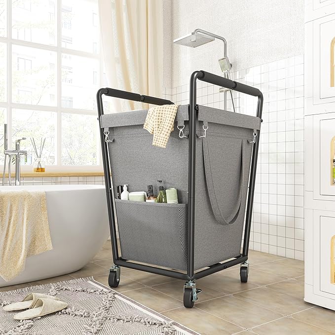 Laundry Basket with Wheels & Handles, 180L Laundry Cart with Removable Bag & Metal Frame for Clothes Storage, Laundry Room Organization Rolling Hamper with Wheels For Laundry, Dorm (Gray)