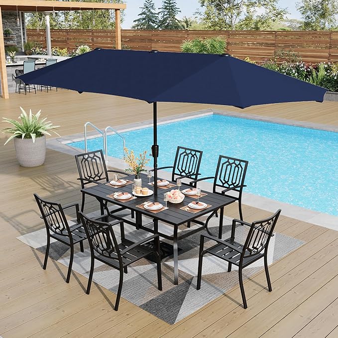 PHI VILLA 7 Pieces Patio Dining Set, Outdoor Dining Table Set for 7 with Stackable Patio Dining Chairs, Patio Table and Chairs Set for Outsides, Black Style 2