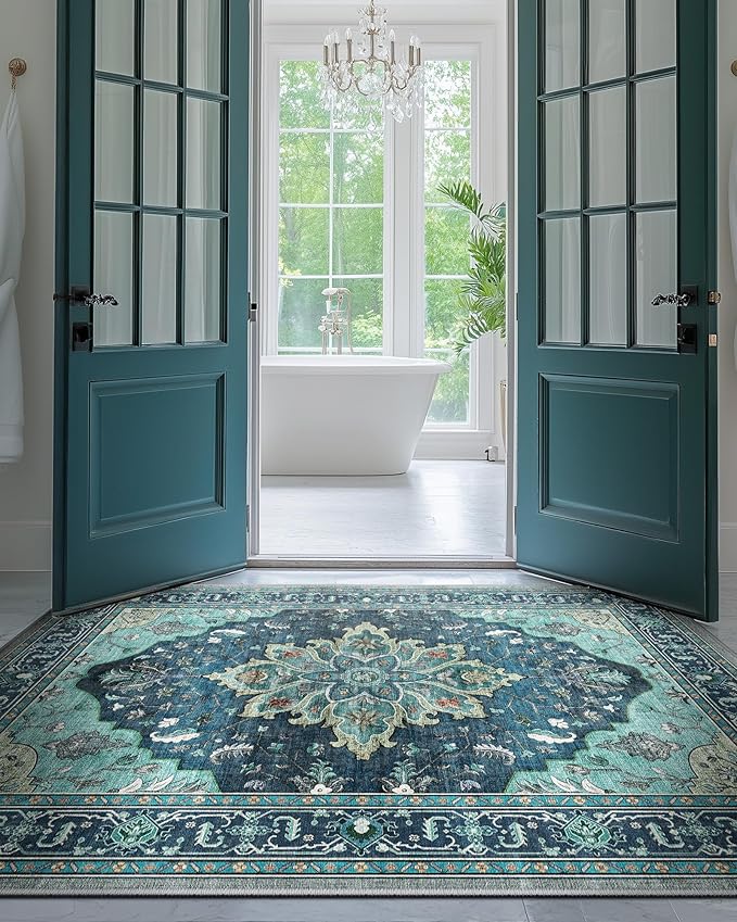 Area Rugs 3'x5' Washable Non-Slip, Floral Vintage Distress Print Pattern Medallion Carpet for Living Room Bedroom Dining Room, Teal Green Lake Blue Turquoise