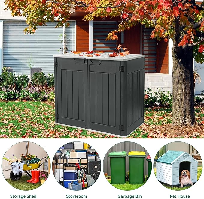 YITAHOME Large Outdoor Horizontal Storage Shed, 47 cu ft Resin Tool Shed w/o Shelf, Waterproof Outdoor Storage with Floor for Trash Cans, Garden Tools, Lawn Mower, Lockable, 4.5x2.8x3.9 ft, Dark Gray
