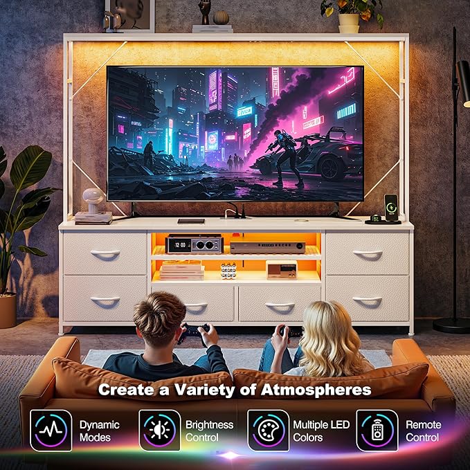 TV Stand for 55 60 inch TV, Large Wall Unit Entertainment Center with LED Lights & Power Outlets, TV Stands for Living Room, Closet, Entryway,13.8" D x 55" W x 61" H, White