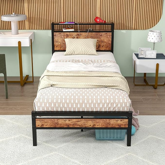 Twin Bed Frame with Storage Headboard/USB Charging Station,Single Platform Bed Frame Twin Size No Box Spring Needed,Strong Steel Slats Support,Bedroom Furniture,Rustic Brown