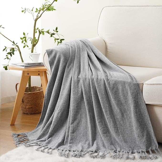 BATTILO HOME Gray Chenille Throw Blanket for Couch, Decorative Soft Knit Throw Blanket with Fringe Tassels, Lightweight Throw Blanket for Home Decor, 50"x60"
