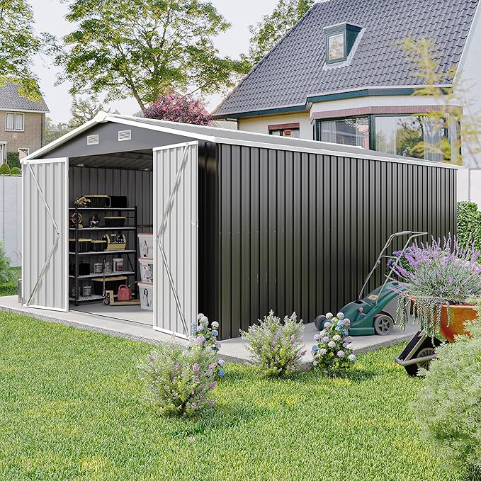 10x14 FT Outdoor Storage Shed, Large Metal Garden Shed with Side Door, Outside Tool Sheds with 3 Lockable Hinged Doors, Waterproof Storage Building with 4 Air Vents for Backyard, Patio, Dark Gray