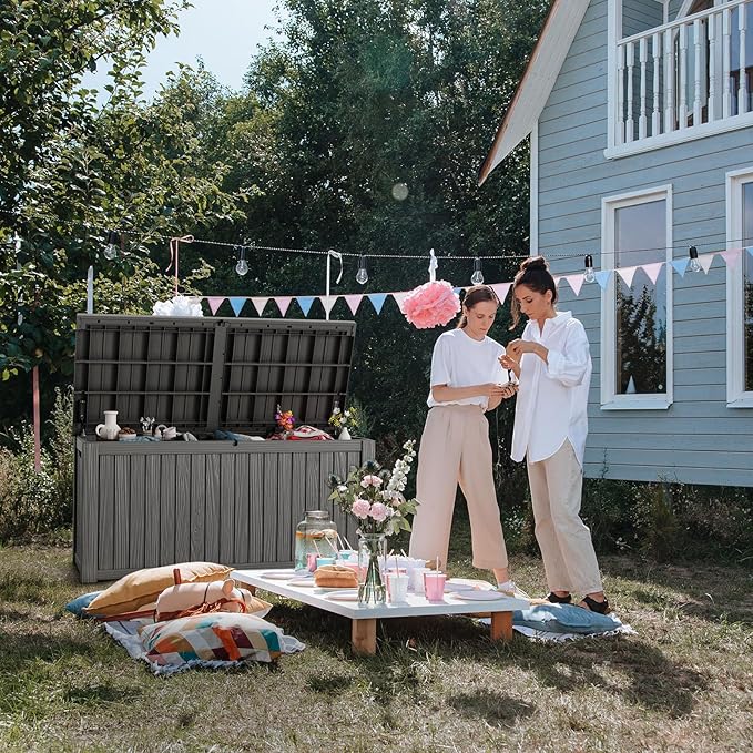 Vixzen 180 Gallon Resin Deck Box, Lockable Outdoor Storage Box for Patio Cushions Storage Furniture,Garden Tools, Pool Supplies, Weatherproof and UV Resistant- Grey