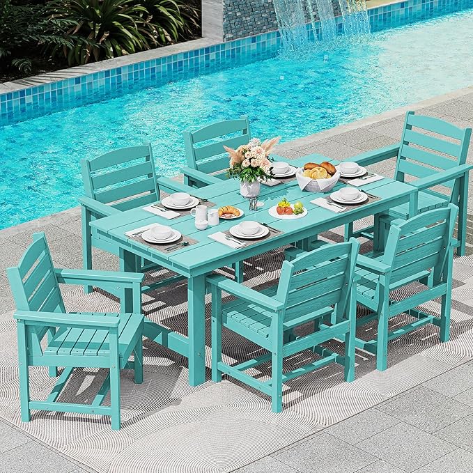 SERWALL 7-Piece Patio Table Set, Outdoor HDPE Dining Furniture with Umbrella Hole, All Weather Table and Chairs for Lawn, Garden, Poolside, Aruba