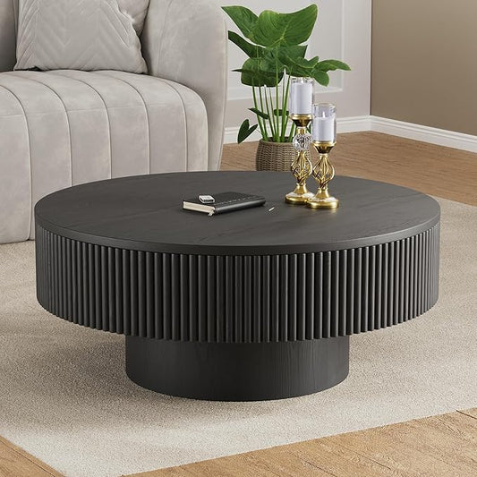 31.5” Round Fluted Coffee Table, Modern Wood Circle Coffee Table, Veneer Handcrafted Relief Tea Table with Sturdy Pedestal for Living Room，Easy Assembly - Black