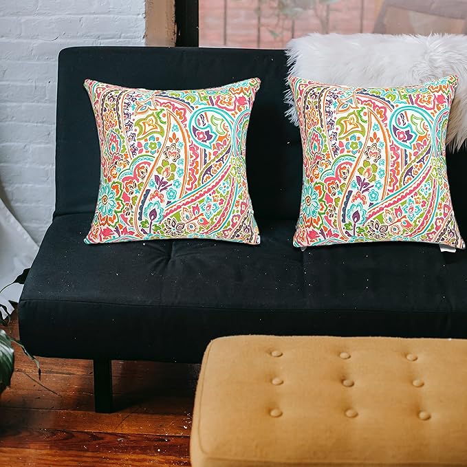 FUNHOME Outdoor Indoor Throw Pillows 18”x18”, Set of 2 Decorative Throw Pillows with Inserts, All Weather Water-Repellent Square Pillows for Bed, Couch, Sofa and Patio Furniture-Melora Paisley