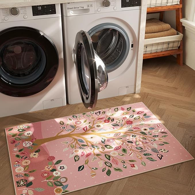 Door Mat Indoor Entrance 2x3 Rug Floral Tree Machine Washable Small Area Rug Bohemian Non-Slip Low Pile Throw Rugs for Entryway, Kitchen, Front Door Indoor Entrance, Entry, Kids Room, Pink