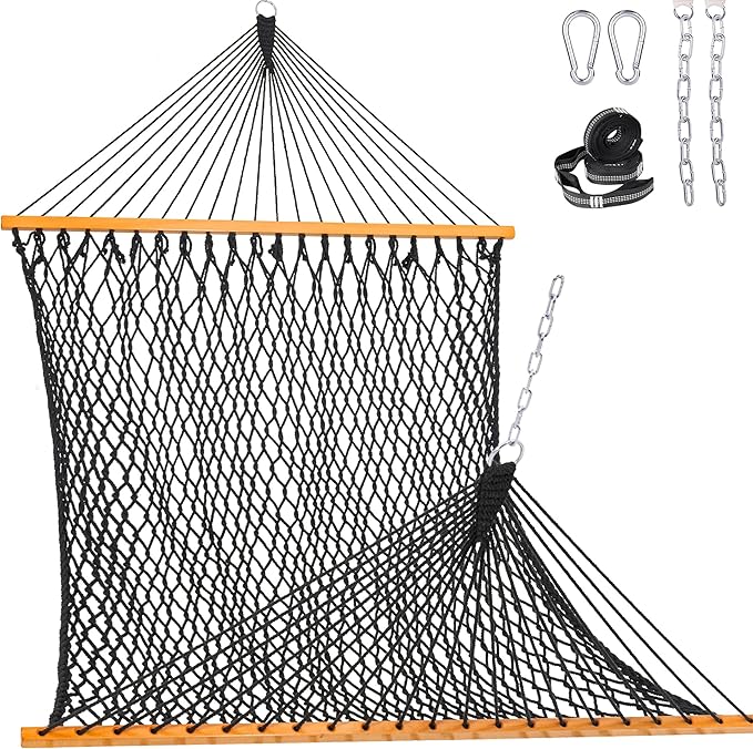 Lazy Daze Hammocks Double Rope Hammock, 2 Person Traditional Outdoor Hand Woven Cotton Rope Hammock with Spreader Bar, Chains, Tree Straps for Patio Yard - Max 450 Lbs, Dark Grey