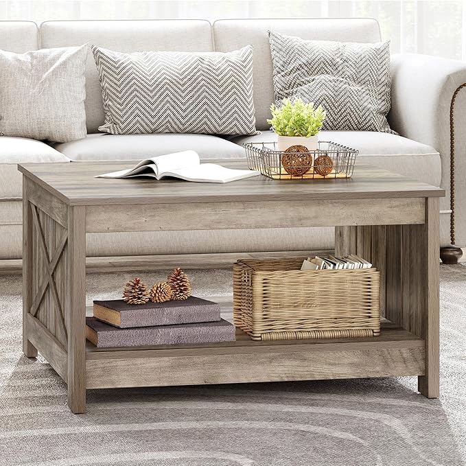 YITAHOME Coffee Tables for Living Room, Farmhouse Coffee Table with Storage Rustic Wood Cocktail Table, Square Coffee Tables for Living Meeting Room with Half Open Storage Compartment, Rustic Grey