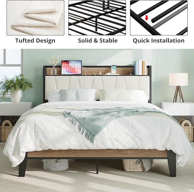 LIKIMIO Queen Bed Frames, Storage Headboard with Charging Station, Solid and Stable, Noise Free, No Box Spring Needed, Easy Assembly, Wood and Cream