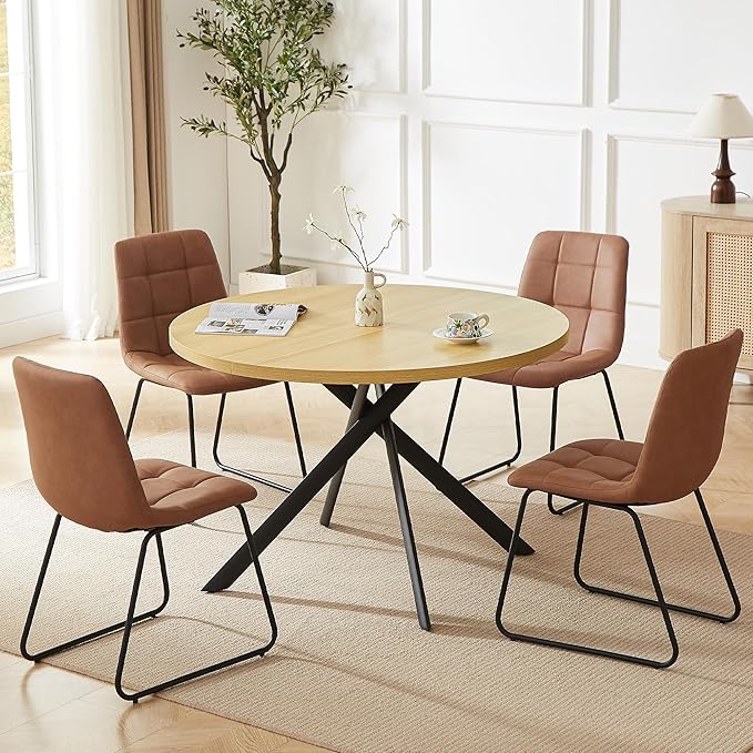 45.3 Inch Round Dining Table Set for 4, Mid Century Modern Small Kitchen Coffee Set for Dining Room Kitchen Apartment (Cream Table + 4 U-Shaped Brown Chairs)
