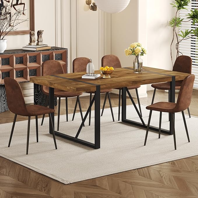 Rustic 7 Piece Dining Room Table Set for 6 People, Mid Century Modern 71 Inch Rectangle Wood Kitchen Dining Table with 6 Fabric Chairs Set, Suitable for Kitchen Dining Room Apartment