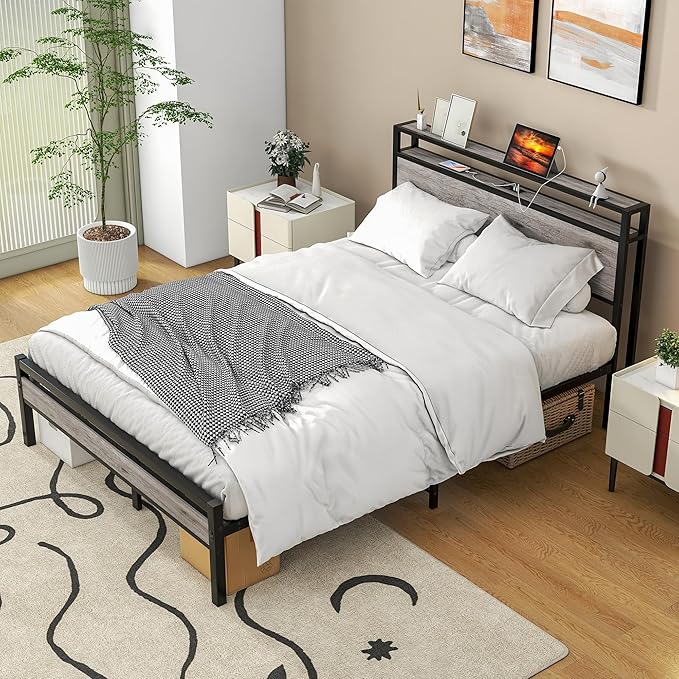 Full Size Bed Frame with Storage Headboard/USB Charging Station,Metal Platform Bed Frame Full Size No Box Spring Needed,Noise-Free,Strong Steel Slats Support,Warm Grey