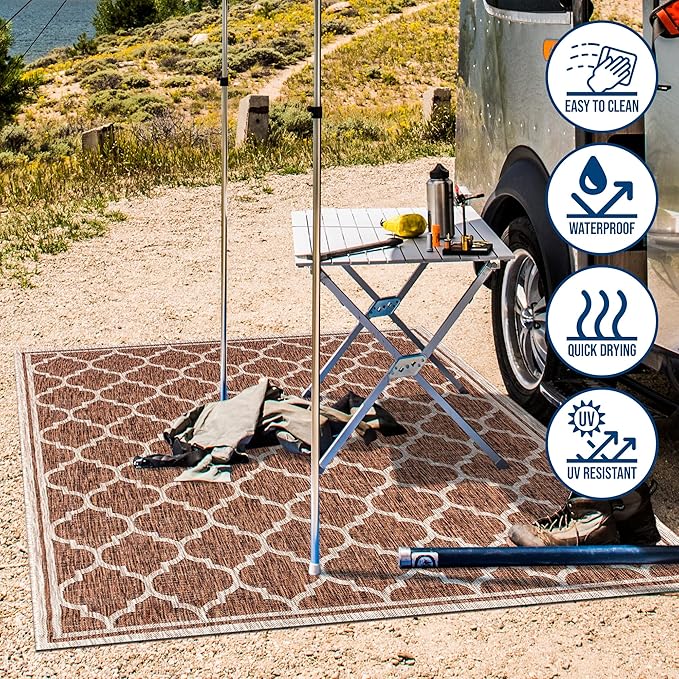 Eyely BMS109B-6R Santa Monica Trebol Moroccan Trellis Textured Weave, Pet Friendly, Non-Shedding, Stain Resistant, Easy-Cleaning, Espresso/Taupe, 6' Round, Indoor/Outdoor, Area Rug