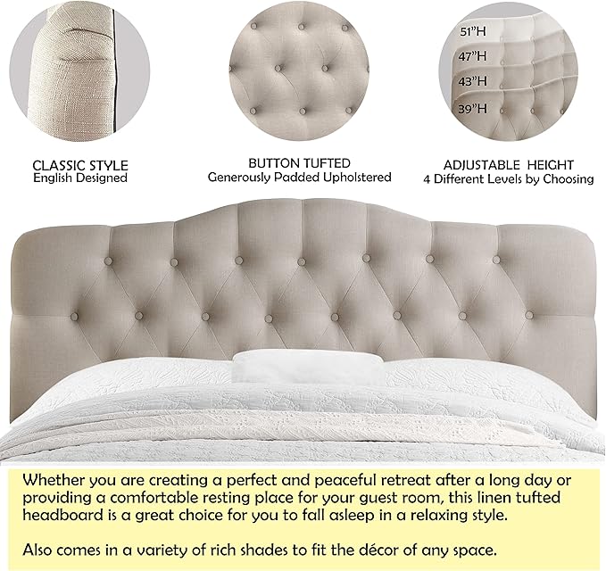 Rosevera Givanna Adjustable Height Headboard with Linen Upholstery and Button Tufting for Bedroom, Queen, Natural