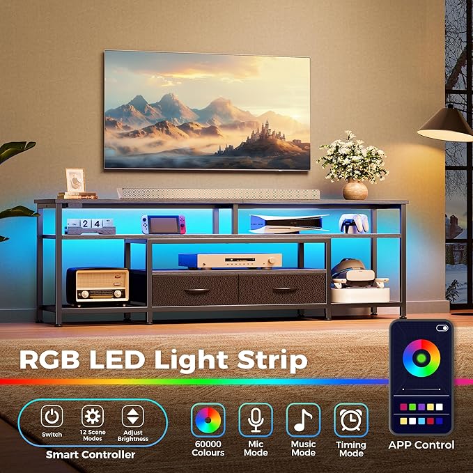 Huuger TV Stand for 65 70 Inch TV, Entertainment Center with Power Outlets and LED Lights, TV Console for Living Room, Media Console with Drawers and Shelves, Grey