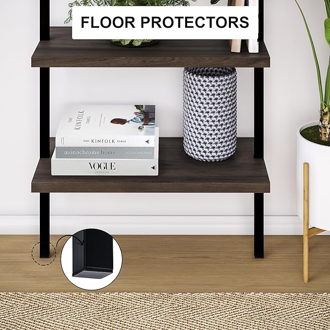 Nathan James Theo 5-Shelf Wood Modern Bookcase, Open Wall Mount Ladder Bookshelf with Industrial Metal Frame, Dark Walnut Brown/Black, Set of 4