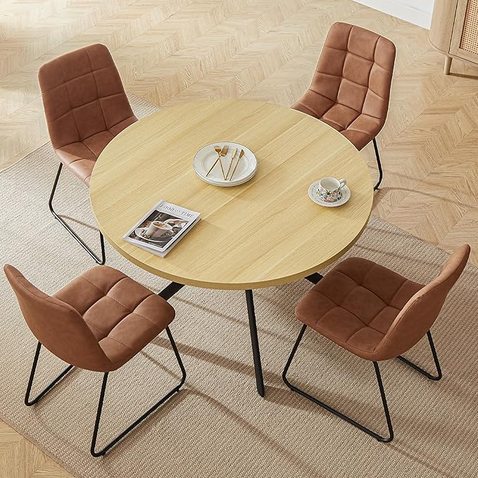 45.3 Inch Modern Round Dining Table for 4, Space-Saving Dinette with Carbon Steel Legs for Home Kitchen Apartment(Cream Table)