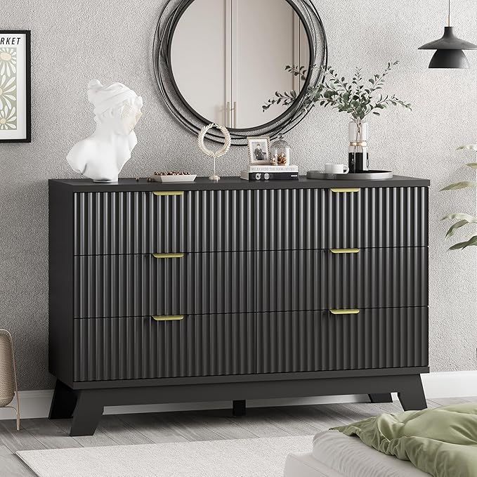 Fluted Dresser for Bedroom with 6 Drawers, 48" Wide Wooden Chest of Drawers with Metal Handle, Modern Dresser TV Stand, Wood Closet Clothes Storage Organizer for Living Room, Hallway, Black
