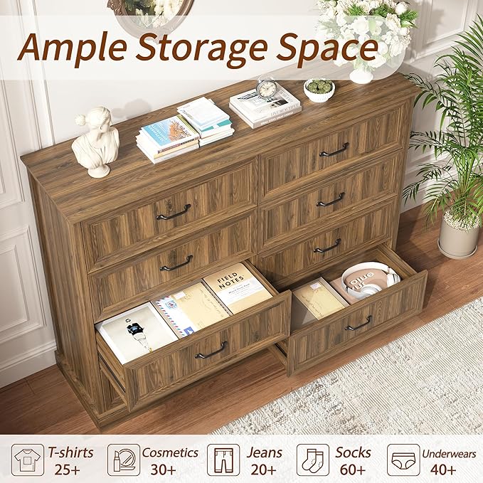 Farmhouse Dresser and Nightstand Sets 3 Piece, Nightstands Set of 2 & 8 Drawers Dresser for Bedroom, 55" Wide and 24" Inch Night Stand Set for Bedroom, Living Room, Hallway, Brown