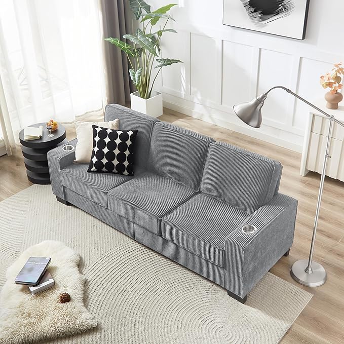 Furnimart Modern 3 Seater Couches, Cozy Deep Seat Sofa, Comfy Fluffy Couch for Living Room, Small Couches for Small Space, with Removable Sofa Cover, Grey Corduroy Fabric