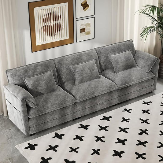 Real Relax 111'' Modular Sectional Sofa, 3 Seat Chenille Convertible Couch with 6 Pillows and 2 Armrest Pillows for Living Room, Office and Leisure Places, Dark Gray