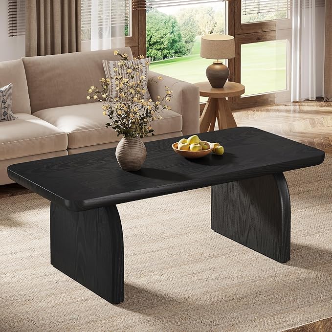 Tribesigns Farmhouse Coffee Table for Living Room, 47-Inch Mid-Century Rectangular Center Table with Rounded Corners, Modern Low Large Cocktail Tea Furniture, Easy Assembly (Black)