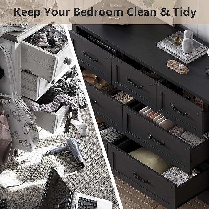 7-Drawer Dresser for Bedroom – 47" Wide Modern Wooden Chest with Natural Wood Texture, TV Stand & Storage, Metal Corner Brackets, Wood Drawer Organizer for Living Room, Hallway