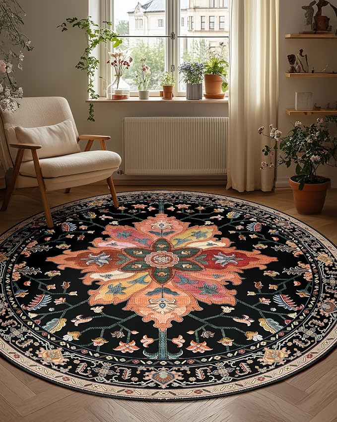Area Rugs 6ft Washable Non-Slip, Floral Vintage Distress Print Pattern Medallion Carpet for Living Room Bedroom Dining Room, Black Colorful Floral Dark Tan