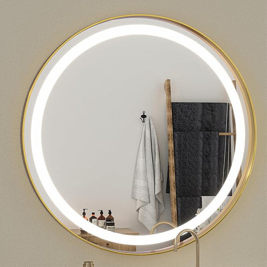Hasipu 24 Round LED Mirror for Bathroom with Lights, Gold Circle Vanity Mirror for Wall, Metal Framed Frontlit Bathroom Mirrors Anti-Fog, Dimmable, 3 Colors Makeup Mirror Wall Mounted