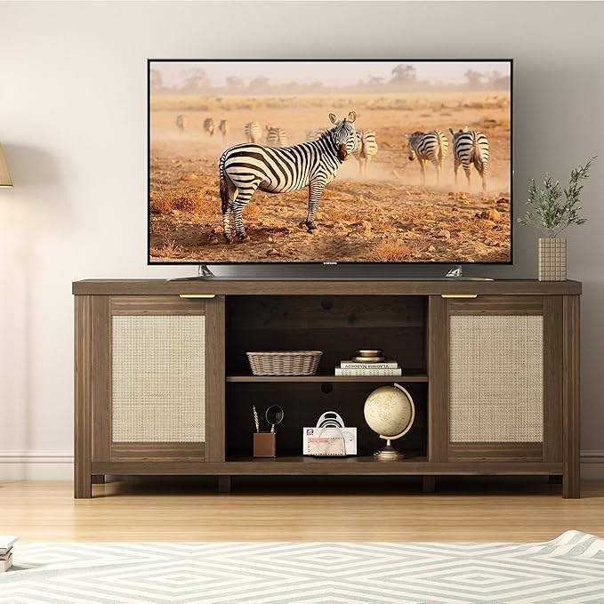 TV Stand for 65 inch TV, Modern Mid Century Entertainment Center with Storage, Media Consol with Natural wood rattan Door Cabinets and Open Shelves, Wooden, for Living Room, Bedroom, MLTV21RB