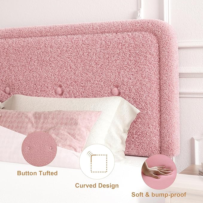 Full Size Boucle Platform Bed Frame, Anti-Collision Soft Rounded Corners, Adjustable Headboard, No Box Spring Needed, Easy Assembly, Noise Free, Pink