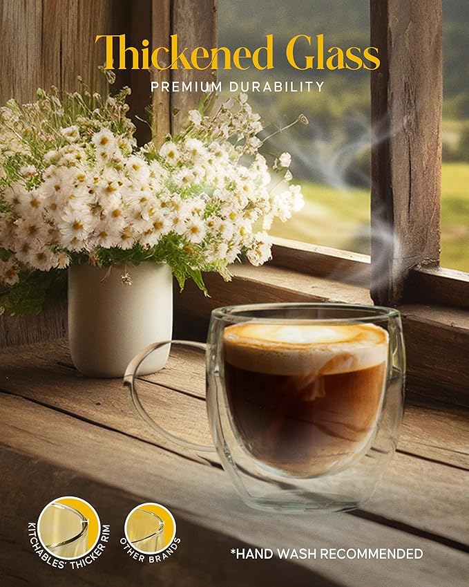 Kitchables Double Walled Glass Coffee Mugs Set of 4, 8oz - Insulated Glass Coffee Mugs for Cappuccino, Latte, Tea, Espresso - Latte Cup - Tazas Para Cafe