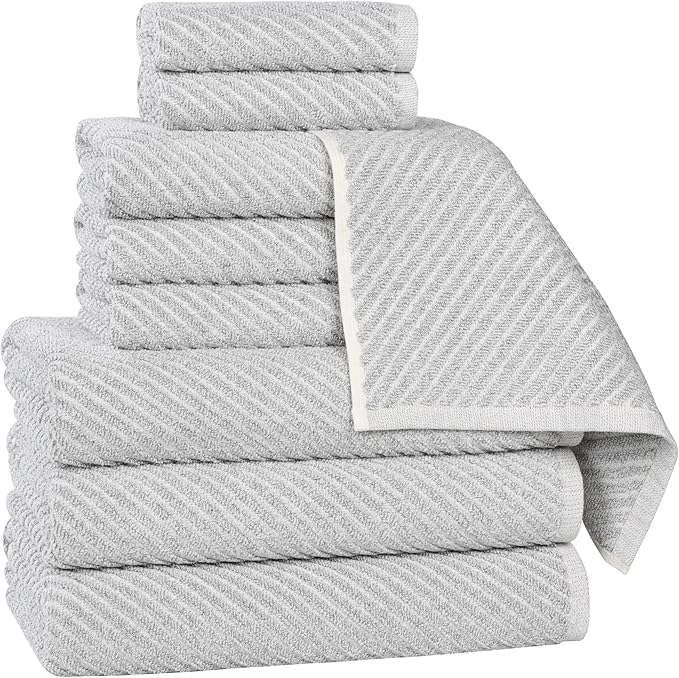 Superior Amelia Viscose Cotton Blend Medium Weight Towels, for Bathroom, Shower, Spa, Plush, Quick Dry, Ultra-Soft Towels, Bath Essentials, Ribbed Design, 9 Piece Assorted Towel Set, Platinum