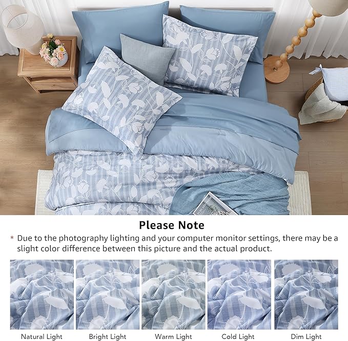 Queen Comforter Set -7 Pieces Blue Floral Comforter Set for All Seasons, Bed in a Bag Queen with Botanical Flowers Comforter, Sheets, Pillowcases & Shams