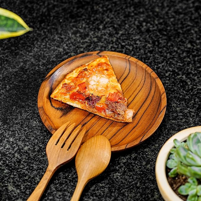 Rainforest Bowls Set of 2 6" Round Javanese Teak Wood Plates- Perfect for Everyday Use- Hot & Cold Friendly, Ultra-Durable, Premium Wooden Plates- Handcrafted by Indonesian Artisans