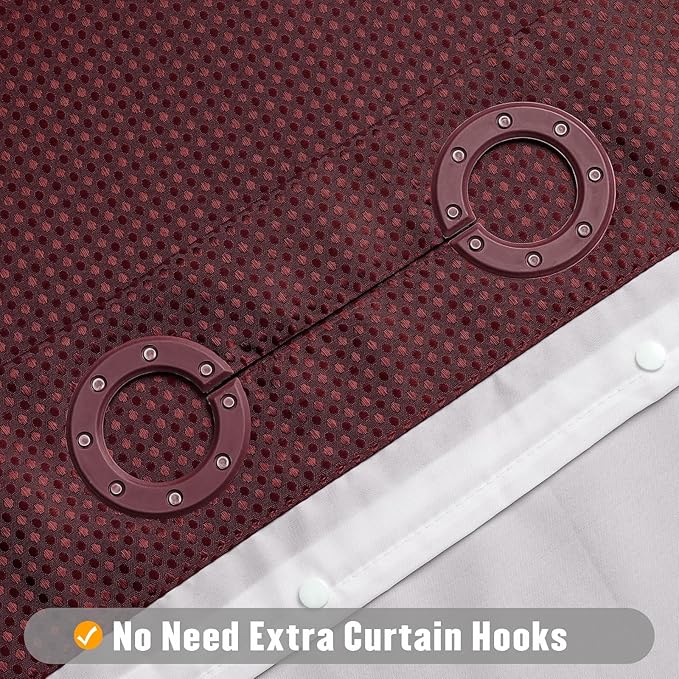 MitoVilla No Hooks Needed Extra Long Shower Curtain Set with Snap-in Liner, Burgundy 86 inch XL Heavyweight Waffle Fabric Cloth Shower Curtains for Modern Luxury Hotel & Spa Bathroom Decor, Burgundy