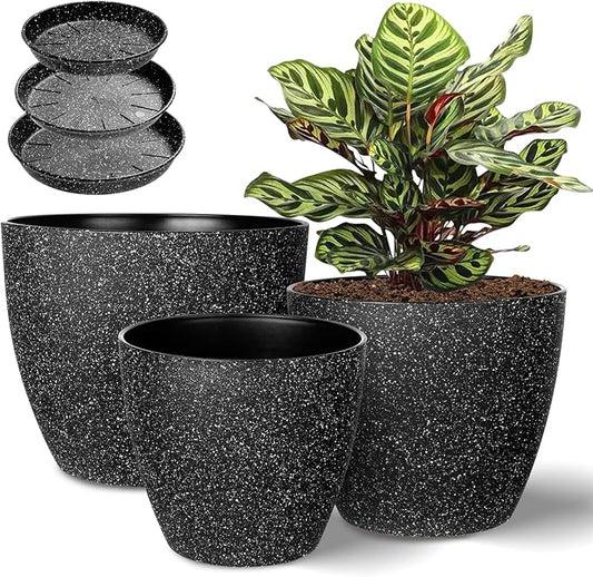 Vanavazon Plant Pots 9/8/7 Inch Set of 3 Flower Pots Indoor Outdoor Plastic Planters with Drainage Hole and Tray (Speckled Black)