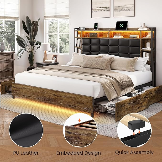 Queen Size Bed Frame with 4 Storage Drawers and Bookcase Headboard, Faux Leather Upholstered, Wooden Platform Bed Frame with Charging Station and LED Lights, No Box Spring Needed, Brown
