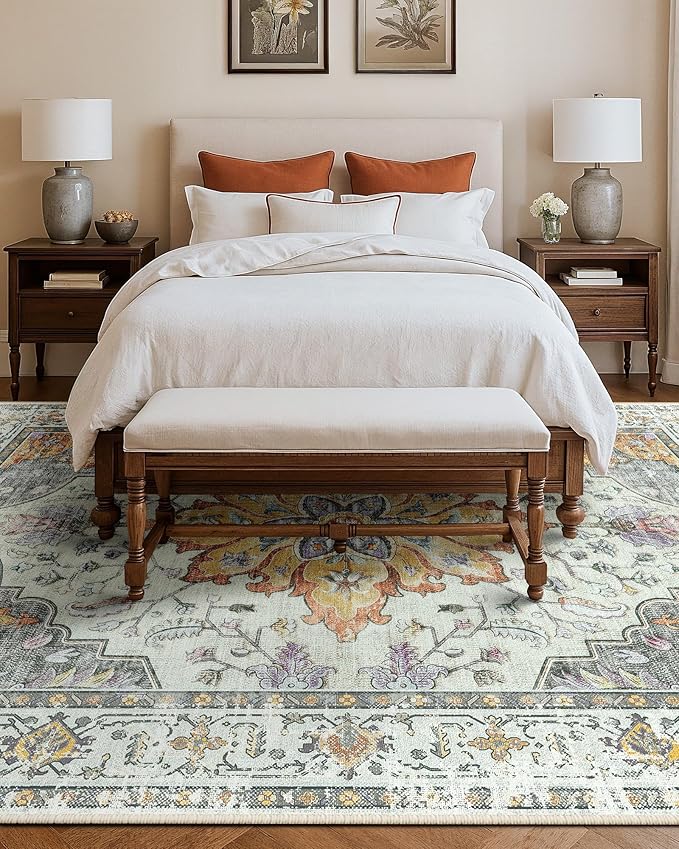 Area Rugs 9'x12' Washable Non-Slip, Floral Vintage Distress Print Pattern Medallion Carpet for Living Room Bedroom Dining Room, Light Yellow Carbon Grey Orange