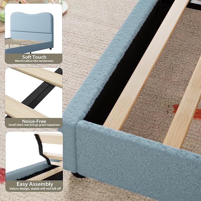 GarveeHome Full Size Bed Frame for Kids with Velvet Upholstered Headboard, Cute Low Profile Platform Bed for Girls and Boys, No Box Spring Needed, Strong Wooden Slats, Noise Free, Easy Assembly, Blue