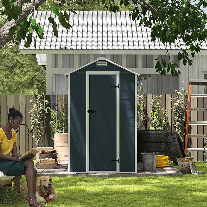 8x4 FT Outdoor Storage Resin Shed with Floor, Plastic Garden Tool Shed with Sloped Roof, Lockable Door & Windows, Easy to Assemble Bike Shed for Lawn, Backyard, Patio, Black