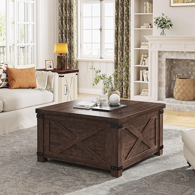 EnHomee Coffee Table with Storage 35.7" W Lift Top Coffee Tables for Living Room, Farmhouse Coffee Table, Living Room Tables, Square, Brown