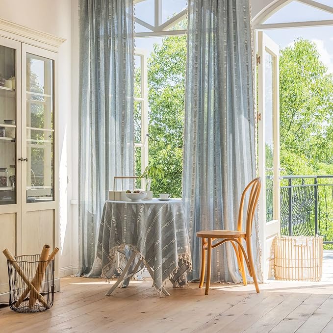 Boho Embroidery Striped Farmhouse Curtains - 96 Inch Long, 2 Panel Set, Blue Linen, Tassel, Semi-Blackout, Living Room (52" W x 96" L)