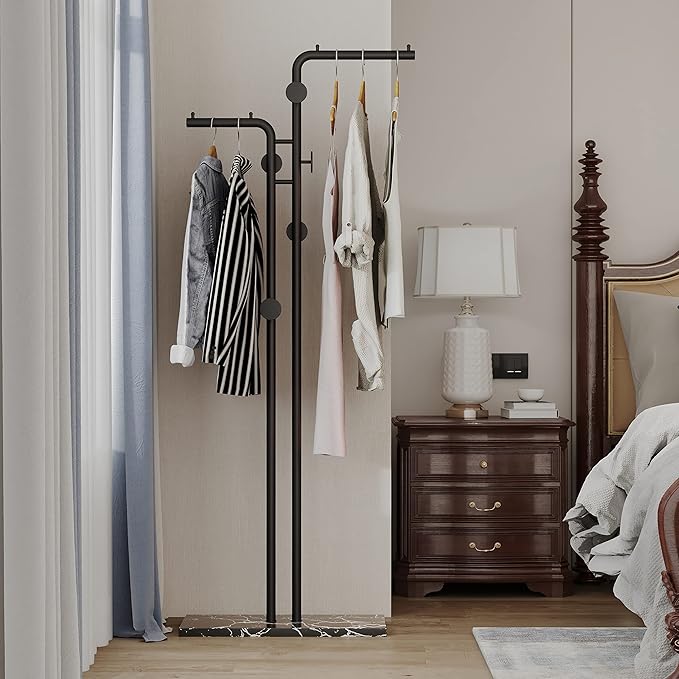 Double-pole Coat Rack Freestanding, Modern Metal Coat Racks Hanger Stand with 5 Hooks and Natural Marble Base, for Bedroom, Office, Hallway, Entryway, Living Room, Black